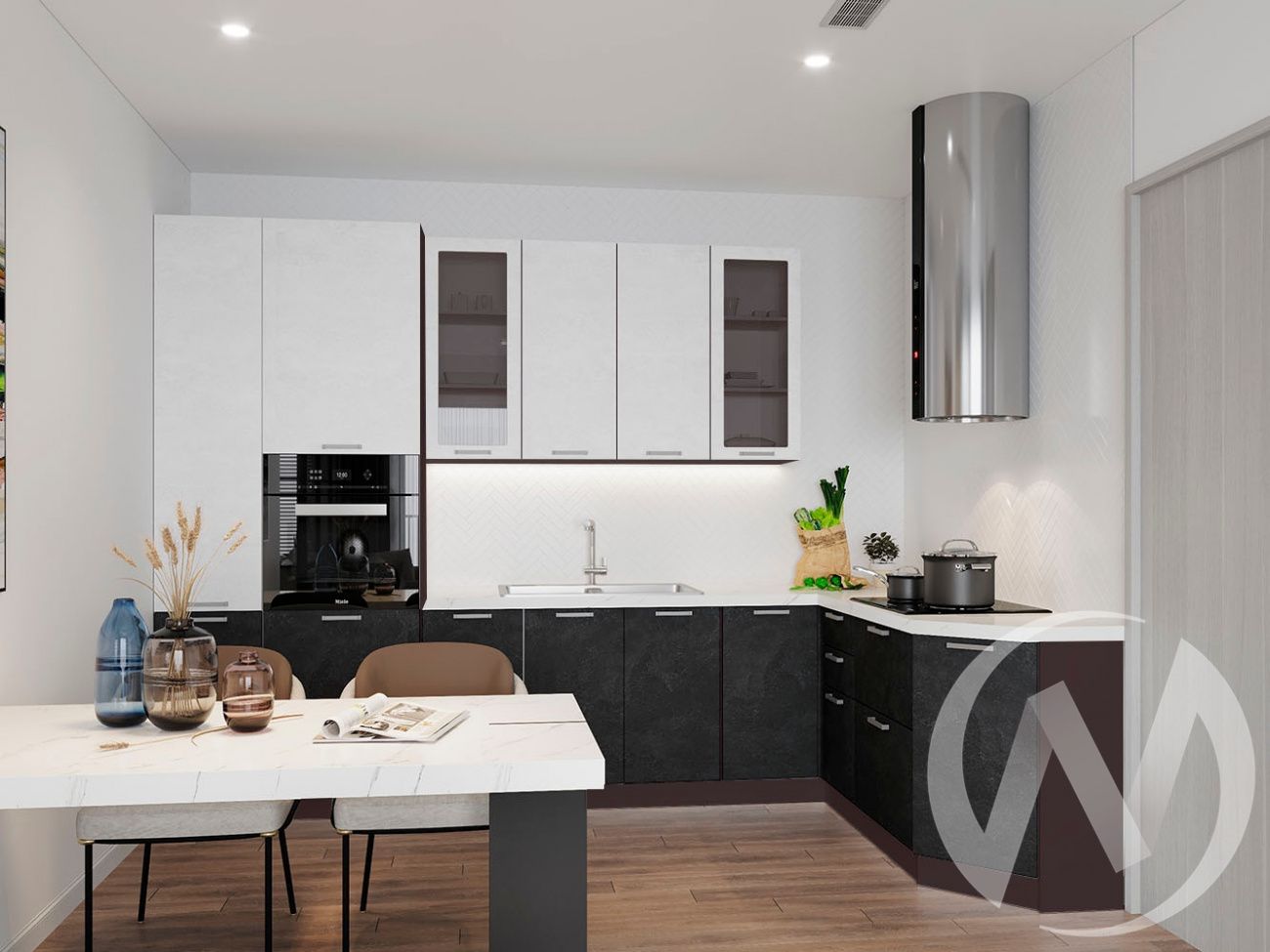 кухня "лиана": бетон графит/бетон снежный высокие модули «Курс-Мебель»