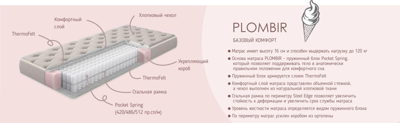 матрац 140*190/195/200 plombir hard «Курс-Мебель»