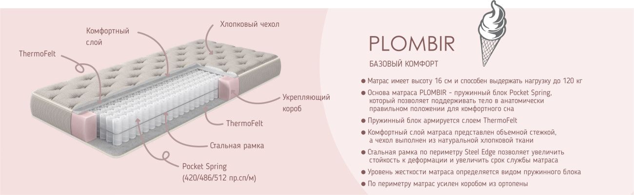 матрац 90*190/195/200 plombir hard «Курс-Мебель»